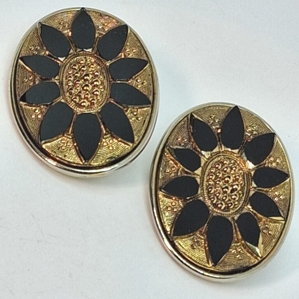 * Vintage Signed Marsha Brenner Czech Glass Black & Gold Tone Clip On Earrings